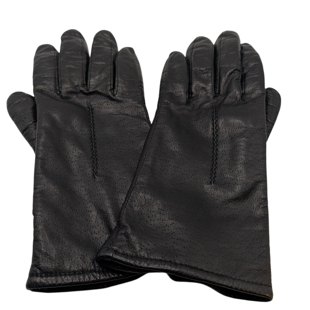 Vintage Pownes Genuine Leather Gloves Black Polyester Lined Womens Size 7.5